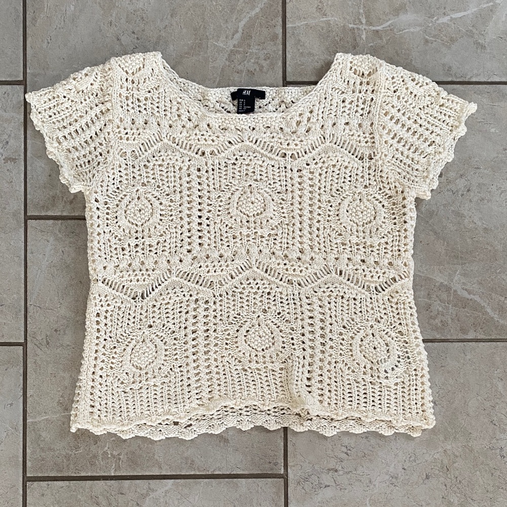 H&M Crochet/Open Knit Cream Tee